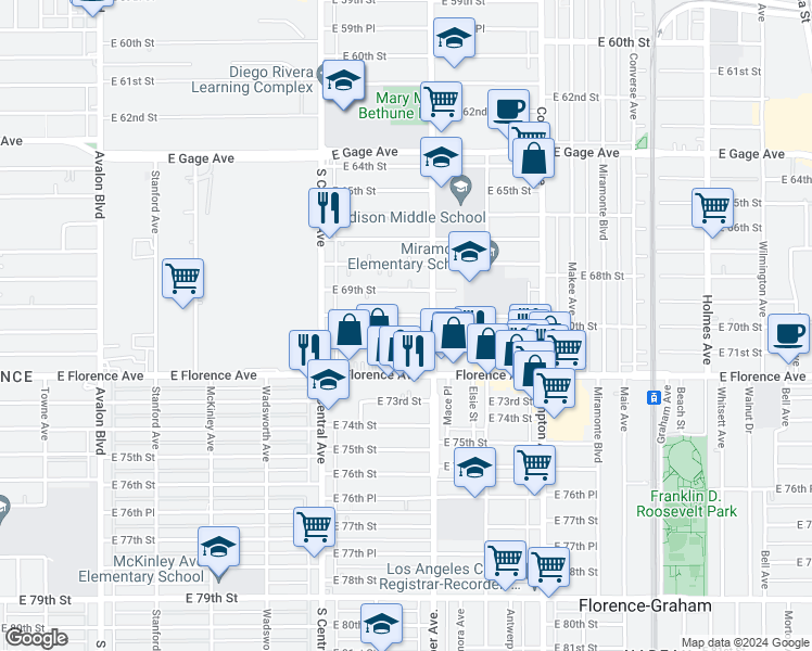 map of restaurants, bars, coffee shops, grocery stores, and more near 1246 East 70th Street in Los Angeles