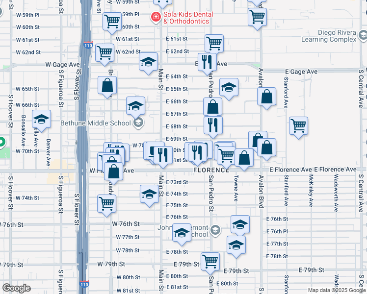 map of restaurants, bars, coffee shops, grocery stores, and more near 161 East 70th Street in Los Angeles