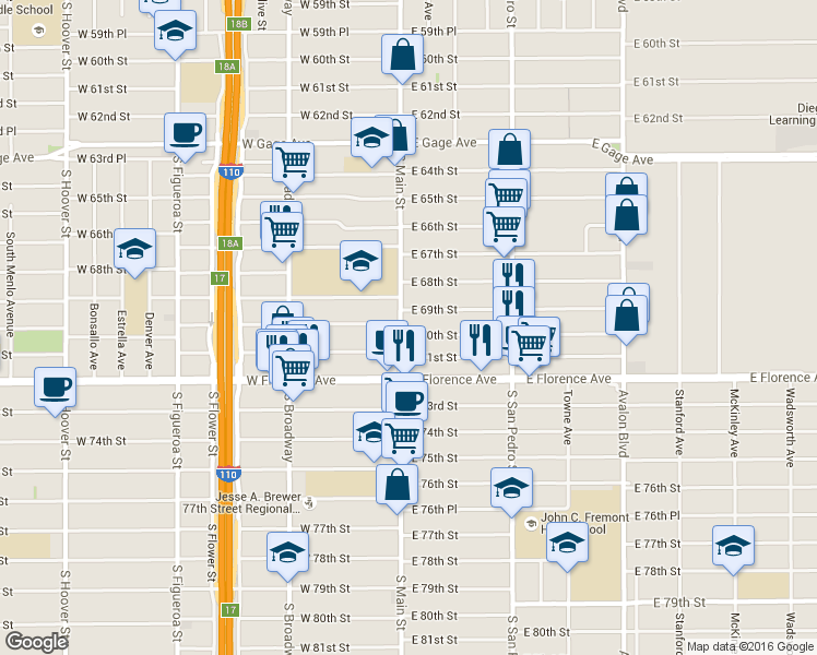 map of restaurants, bars, coffee shops, grocery stores, and more near 6912 South Main Street in Los Angeles