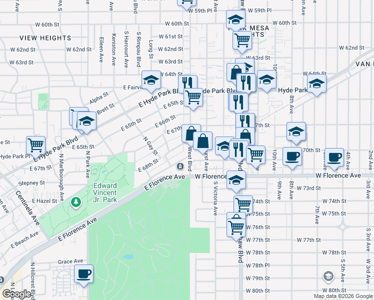 map of restaurants, bars, coffee shops, grocery stores, and more near 6808 West Boulevard in Los Angeles