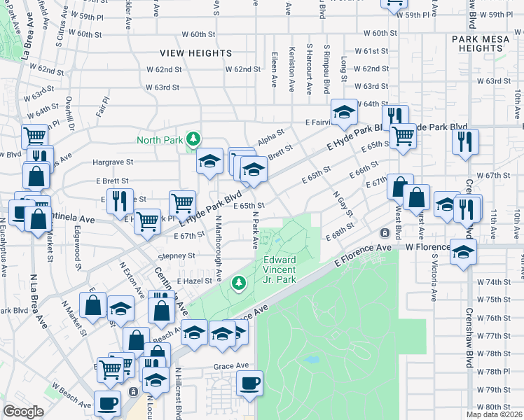 map of restaurants, bars, coffee shops, grocery stores, and more near 915 North Park Avenue in Inglewood