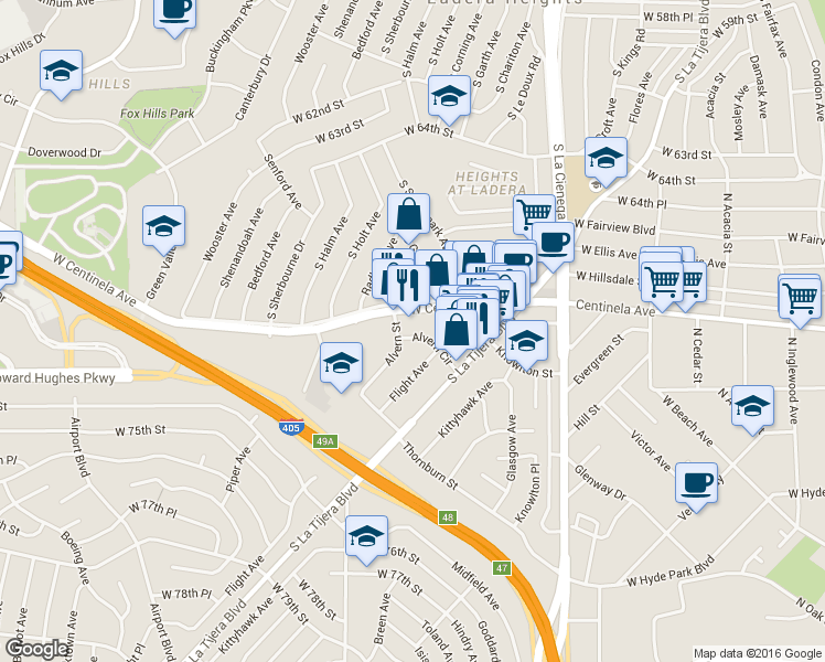 map of restaurants, bars, coffee shops, grocery stores, and more near 6925 La Tijera Boulevard in Los Angeles