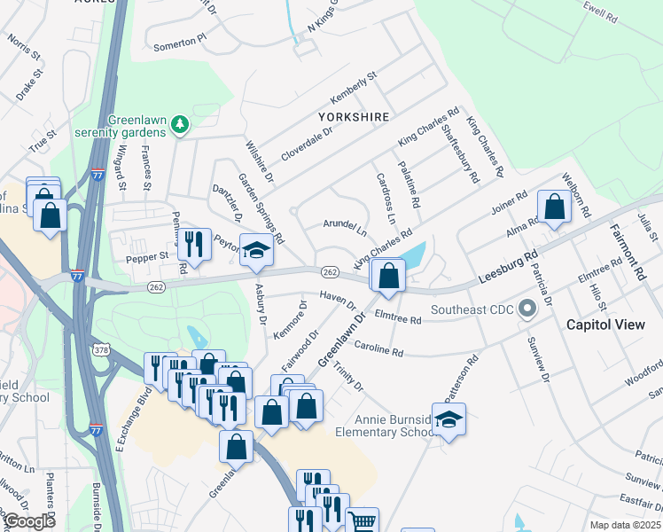 map of restaurants, bars, coffee shops, grocery stores, and more near 1125 Leesburg Road in Columbia