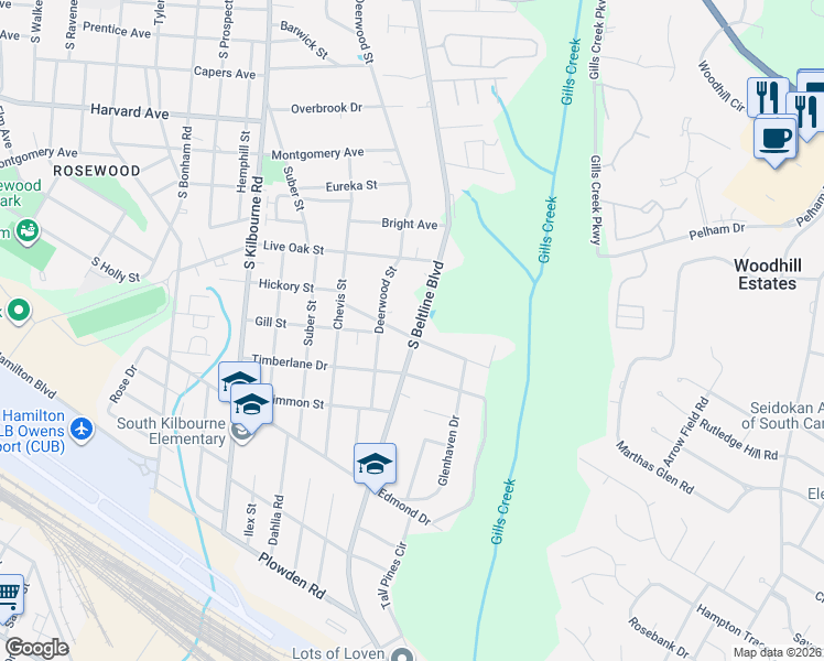 map of restaurants, bars, coffee shops, grocery stores, and more near 4021 Hickory Street in Columbia