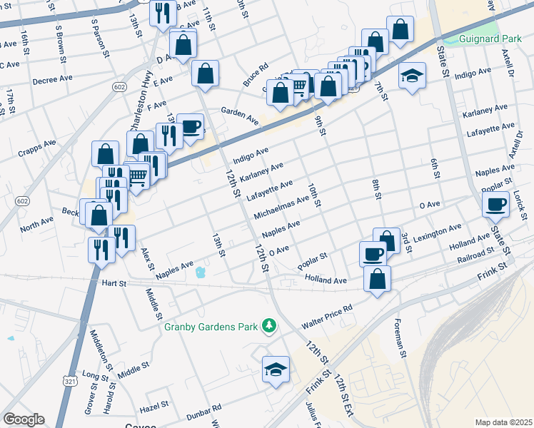 map of restaurants, bars, coffee shops, grocery stores, and more near 1111 Michaelmas Avenue in West Columbia