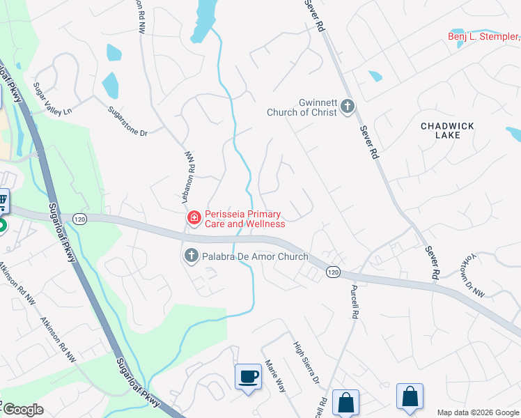map of restaurants, bars, coffee shops, grocery stores, and more near 1658 Hampton Woods Way Northwest in Lawrenceville