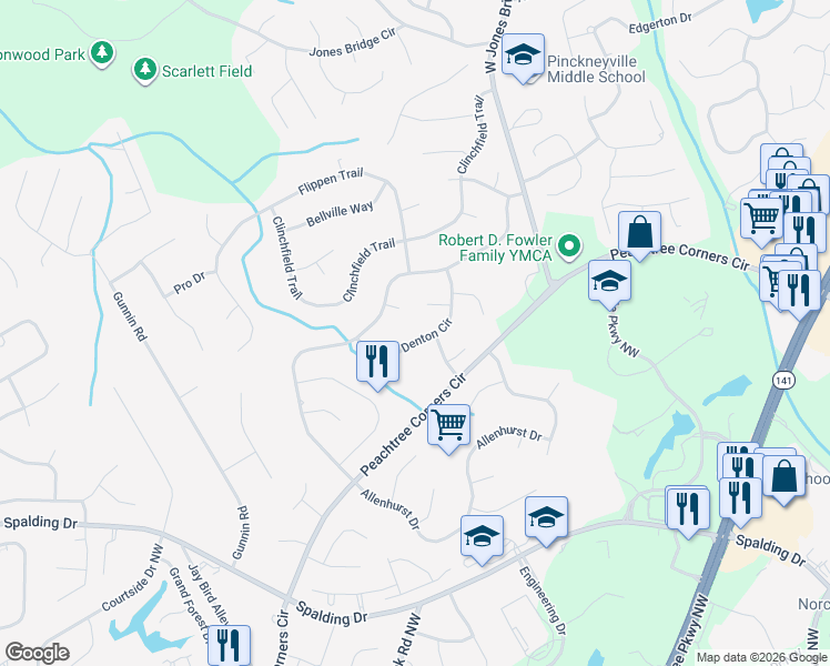 map of restaurants, bars, coffee shops, grocery stores, and more near 5673 Denton Circle in Norcross
