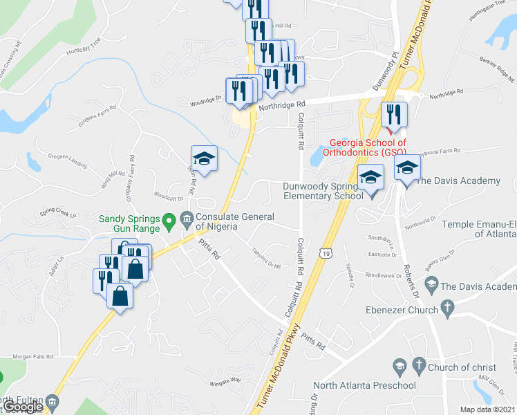 map of restaurants, bars, coffee shops, grocery stores, and more near 520 Granite Ridge Place in Atlanta