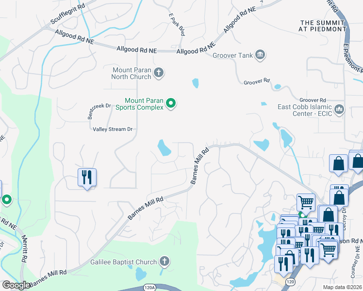 map of restaurants, bars, coffee shops, grocery stores, and more near 1762 Millview Drive Northeast in Marietta