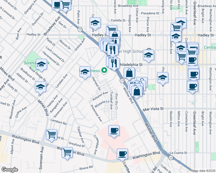 map of restaurants, bars, coffee shops, grocery stores, and more near 12060 Turnleaf Avenue in Whittier
