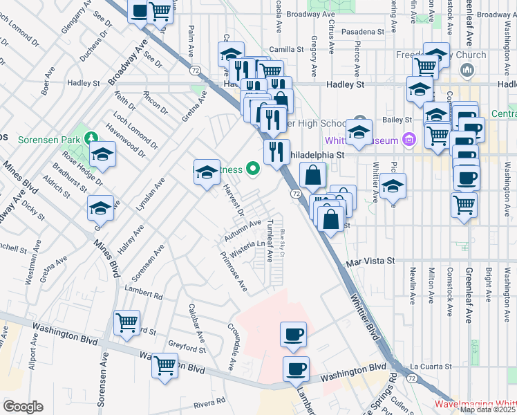 map of restaurants, bars, coffee shops, grocery stores, and more near 12020 Turnleaf Avenue in Whittier