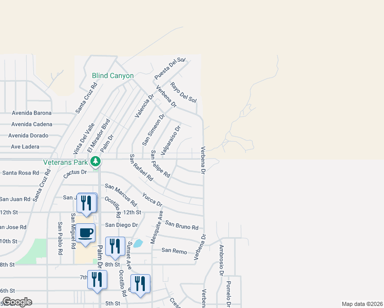 map of restaurants, bars, coffee shops, grocery stores, and more near 9875 La Paloma Lane in Desert Hot Springs