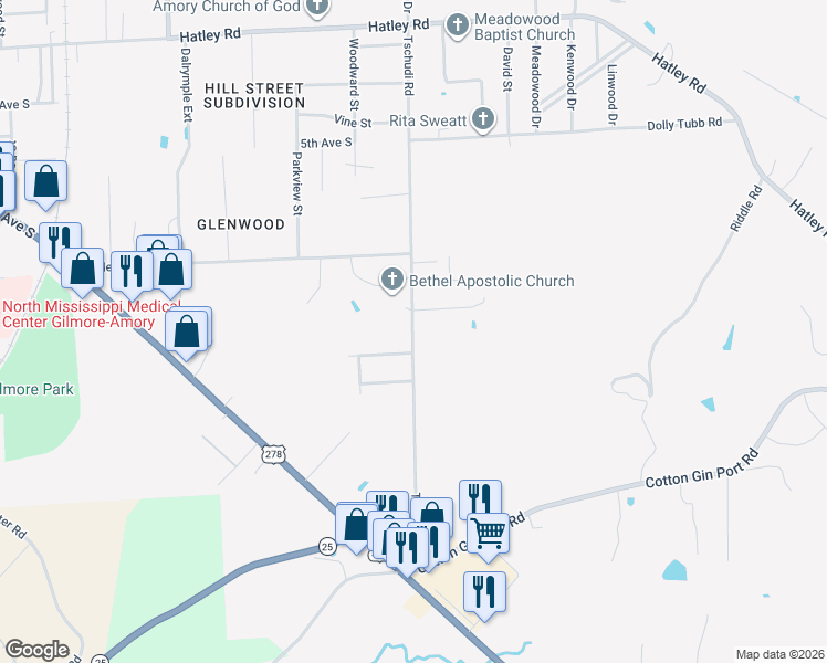 map of restaurants, bars, coffee shops, grocery stores, and more near 65 Tschudi Road in Amory