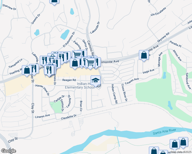map of restaurants, bars, coffee shops, grocery stores, and more near 6161 Lakaren Lane in Riverside