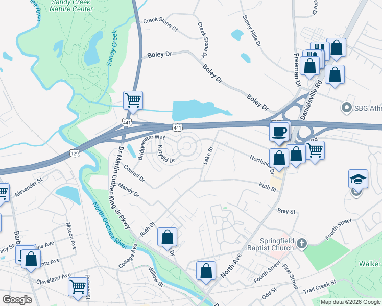 map of restaurants, bars, coffee shops, grocery stores, and more near 337 Bridgewater Circle in Athens
