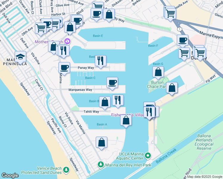 map of restaurants, bars, coffee shops, grocery stores, and more near 13900 Marquesas Way in Marina del Rey
