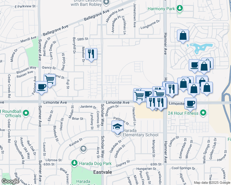 map of restaurants, bars, coffee shops, grocery stores, and more near 12601-12739 Limonite Avenue in Corona