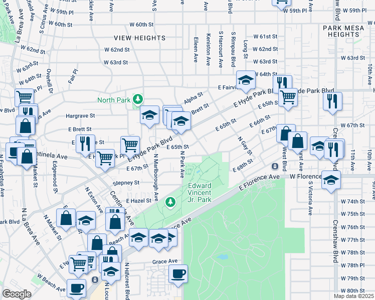map of restaurants, bars, coffee shops, grocery stores, and more near 915 North Park Avenue in Inglewood