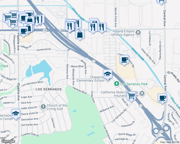map of restaurants, bars, coffee shops, grocery stores, and more near 15252 Yorba Avenue in Chino Hills