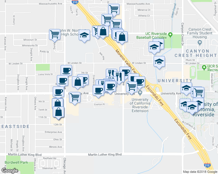 map of restaurants, bars, coffee shops, grocery stores, and more near 1393 University Avenue in Riverside