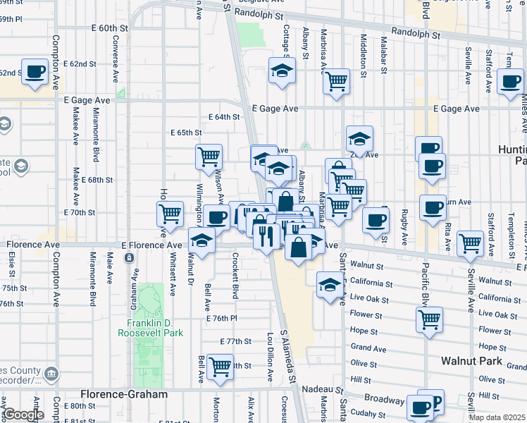 map of restaurants, bars, coffee shops, grocery stores, and more near 7001 South Alameda Street in Los Angeles