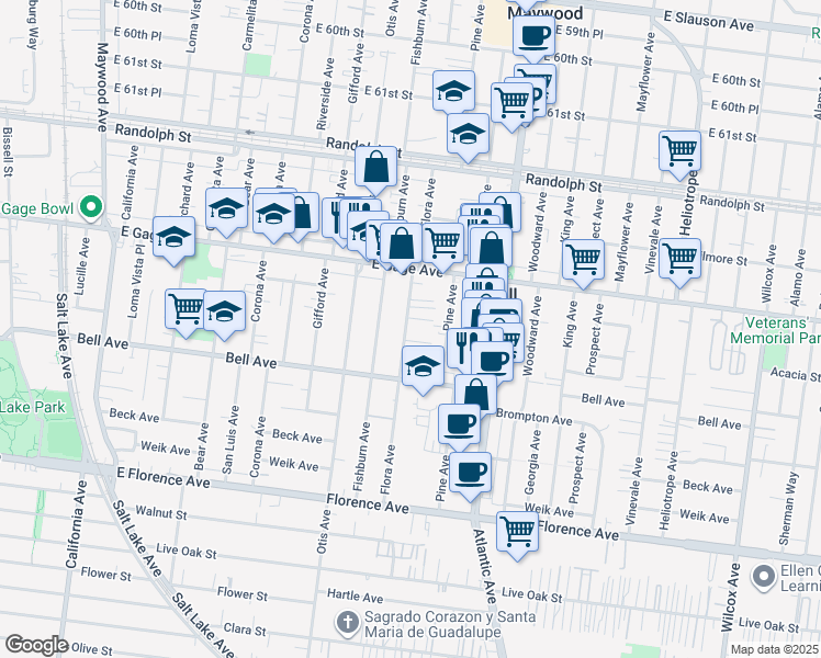 map of restaurants, bars, coffee shops, grocery stores, and more near 6608 Flora Avenue in Bell