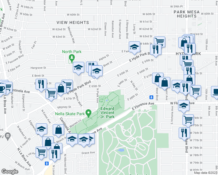 map of restaurants, bars, coffee shops, grocery stores, and more near 915 North Chester Avenue in Inglewood