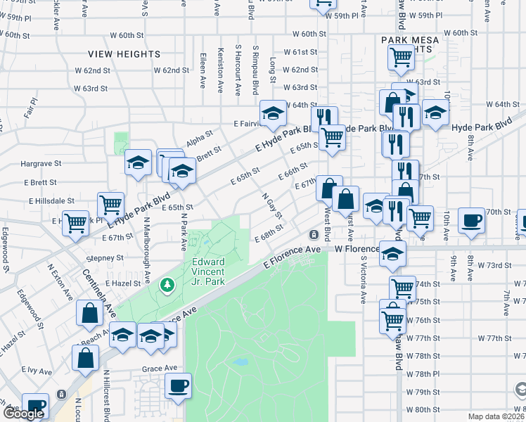 map of restaurants, bars, coffee shops, grocery stores, and more near 958 East 67th Street in Inglewood