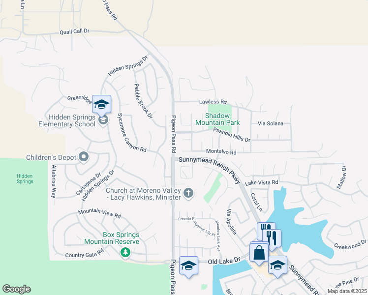 map of restaurants, bars, coffee shops, grocery stores, and more near 23036 Montalvo Road in Moreno Valley