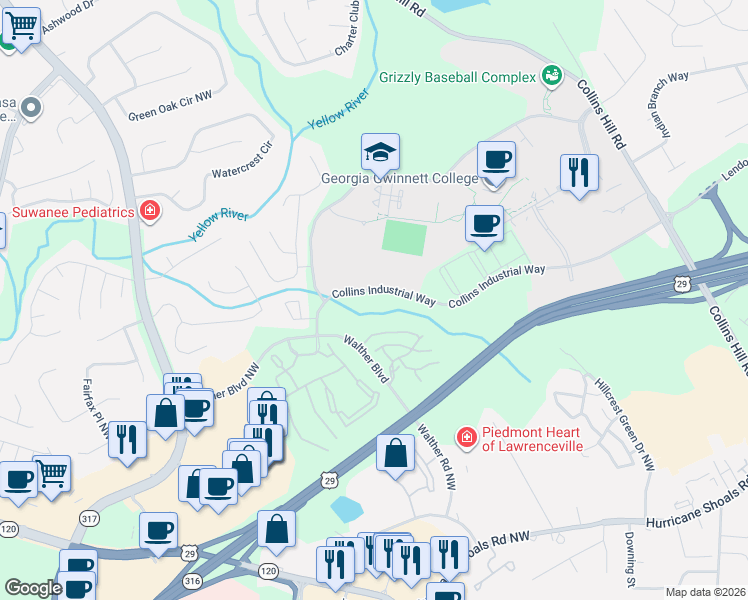 map of restaurants, bars, coffee shops, grocery stores, and more near 220 Collins Industrial Way in Lawrenceville