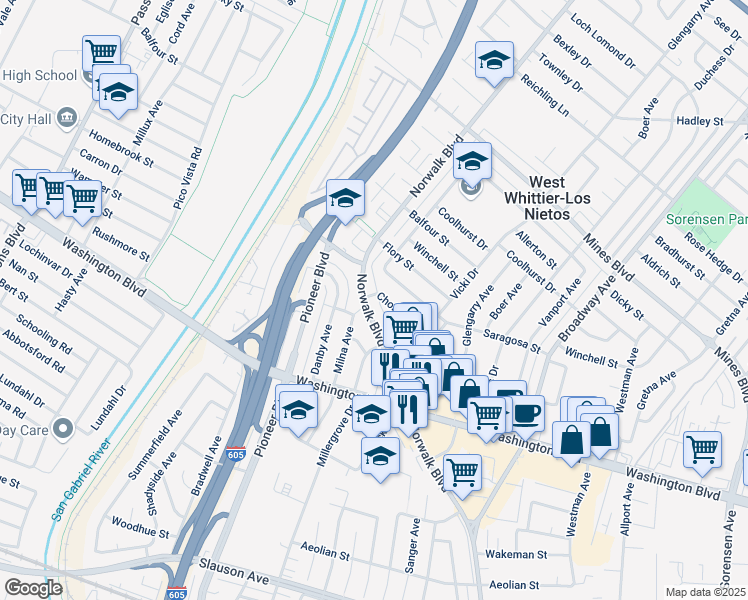map of restaurants, bars, coffee shops, grocery stores, and more near 7602 Norwalk Boulevard in Whittier