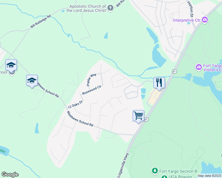 map of restaurants, bars, coffee shops, grocery stores, and more near 347 Turtle Creek Drive in Winder