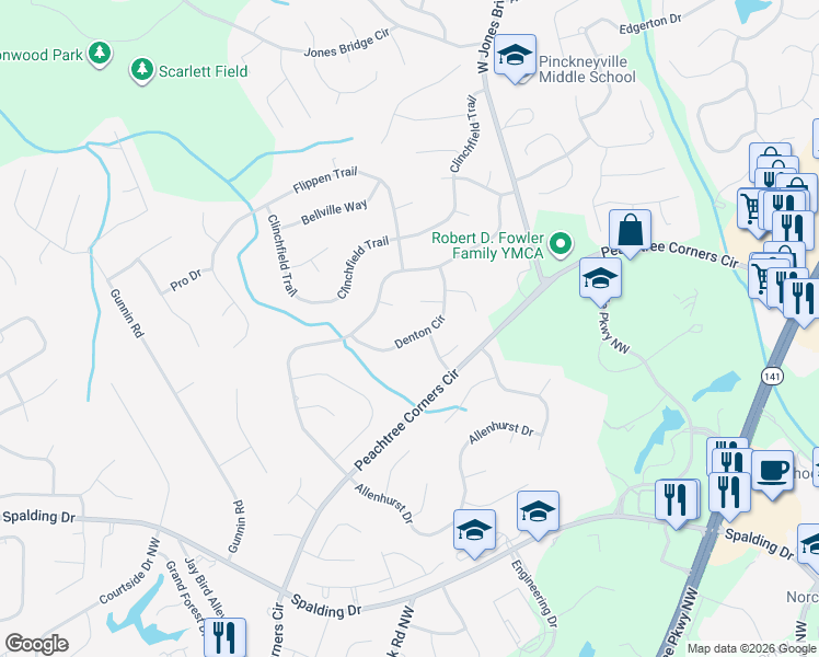 map of restaurants, bars, coffee shops, grocery stores, and more near 5673 Denton Circle in Norcross