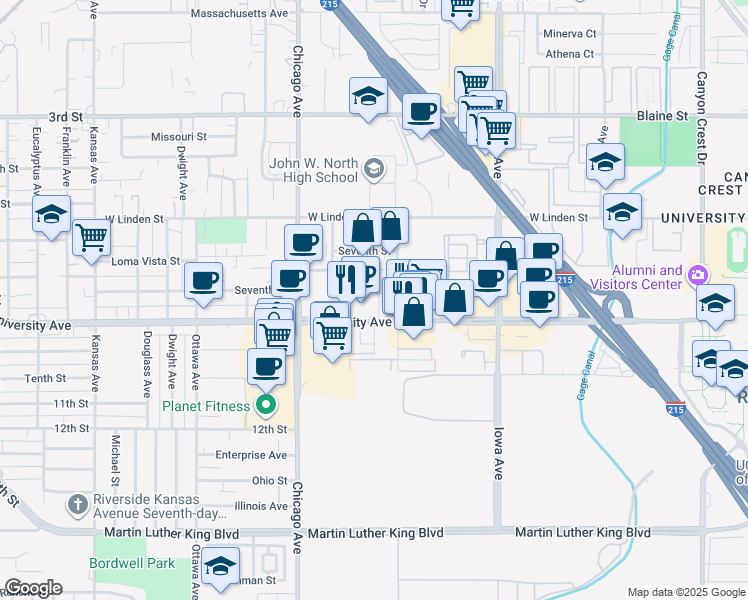 map of restaurants, bars, coffee shops, grocery stores, and more near 1555 University Avenue in Riverside