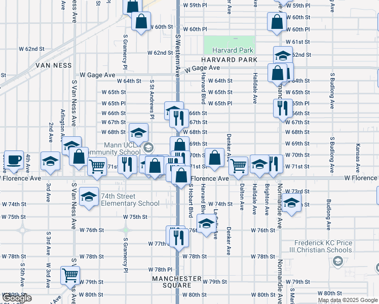 map of restaurants, bars, coffee shops, grocery stores, and more near 1735 West 70th Street in Los Angeles