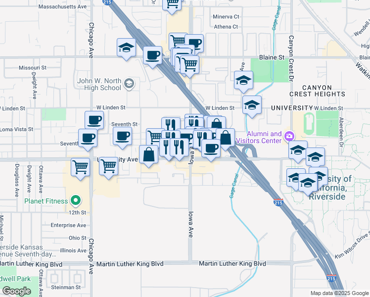 map of restaurants, bars, coffee shops, grocery stores, and more near 3767 Iowa Avenue in Riverside