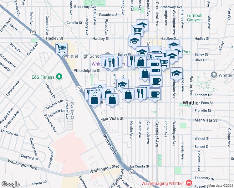 map of restaurants, bars, coffee shops, grocery stores, and more near 7226 Whittier Avenue in Whittier