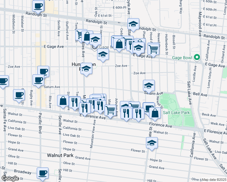 map of restaurants, bars, coffee shops, grocery stores, and more near 3016 Saturn Avenue in Huntington Park