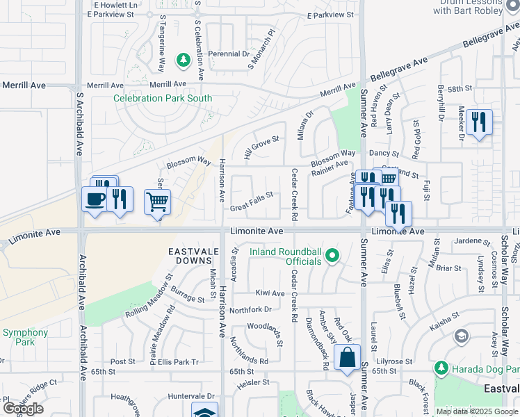 map of restaurants, bars, coffee shops, grocery stores, and more near 6123 Foxpoint Court in Corona