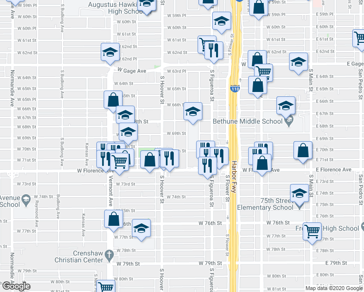 map of restaurants, bars, coffee shops, grocery stores, and more near 6933 Estrella Avenue in Los Angeles