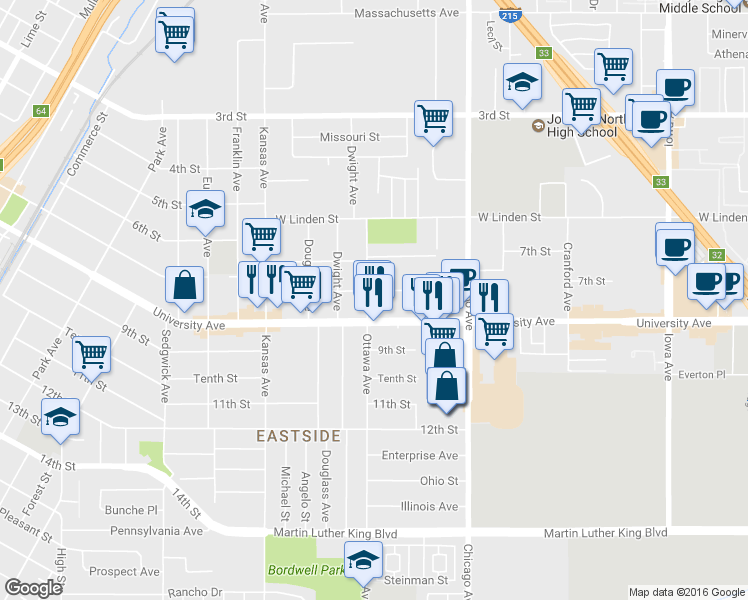 map of restaurants, bars, coffee shops, grocery stores, and more near 3724 Ottawa Avenue in Riverside