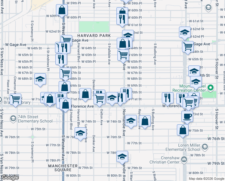 map of restaurants, bars, coffee shops, grocery stores, and more near 1451 West 70th Street in Los Angeles