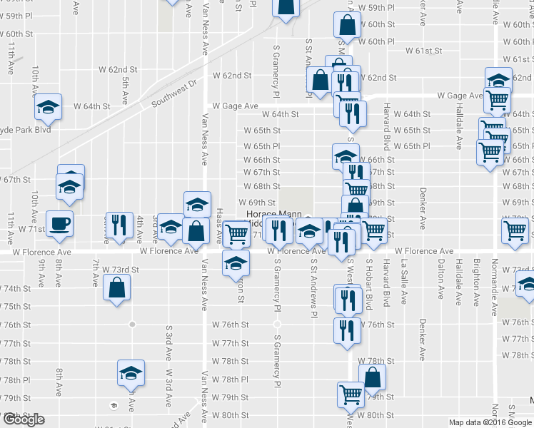 map of restaurants, bars, coffee shops, grocery stores, and more near 2017 West 70th Street in Los Angeles