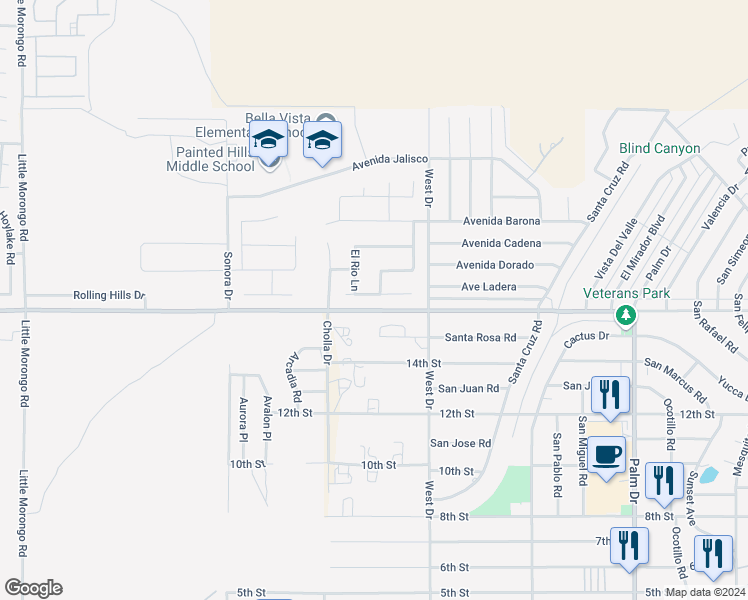 map of restaurants, bars, coffee shops, grocery stores, and more near 65861 Avenue Ladera in Desert Hot Springs