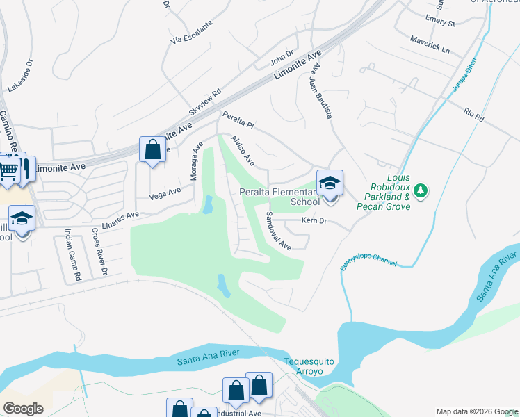 map of restaurants, bars, coffee shops, grocery stores, and more near 6143 Sandoval Avenue in Riverside