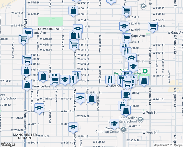 map of restaurants, bars, coffee shops, grocery stores, and more near 1243 West 70th Street in Los Angeles