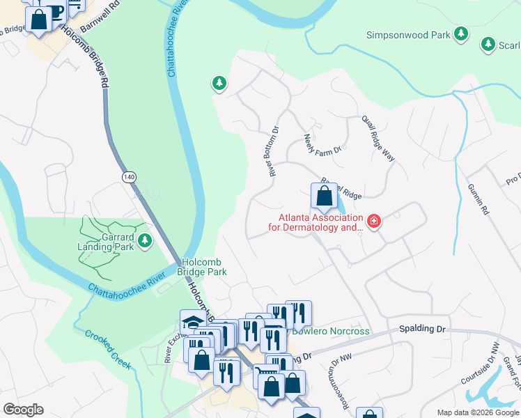 map of restaurants, bars, coffee shops, grocery stores, and more near 6260 Blackberry Hill in Norcross