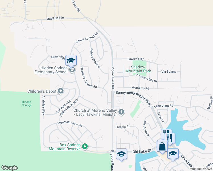 map of restaurants, bars, coffee shops, grocery stores, and more near 9958 Whitewater Road in Moreno Valley