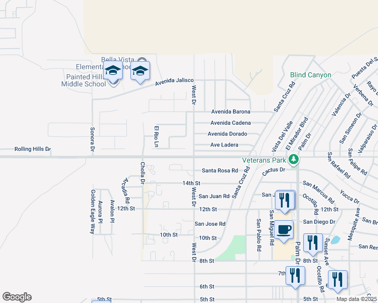 map of restaurants, bars, coffee shops, grocery stores, and more near 65975 Avenue Ladera in Desert Hot Springs