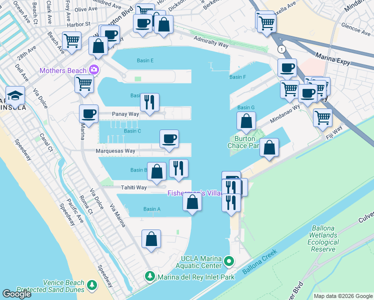 map of restaurants, bars, coffee shops, grocery stores, and more near 13900 Marquesas Way in Marina del Rey